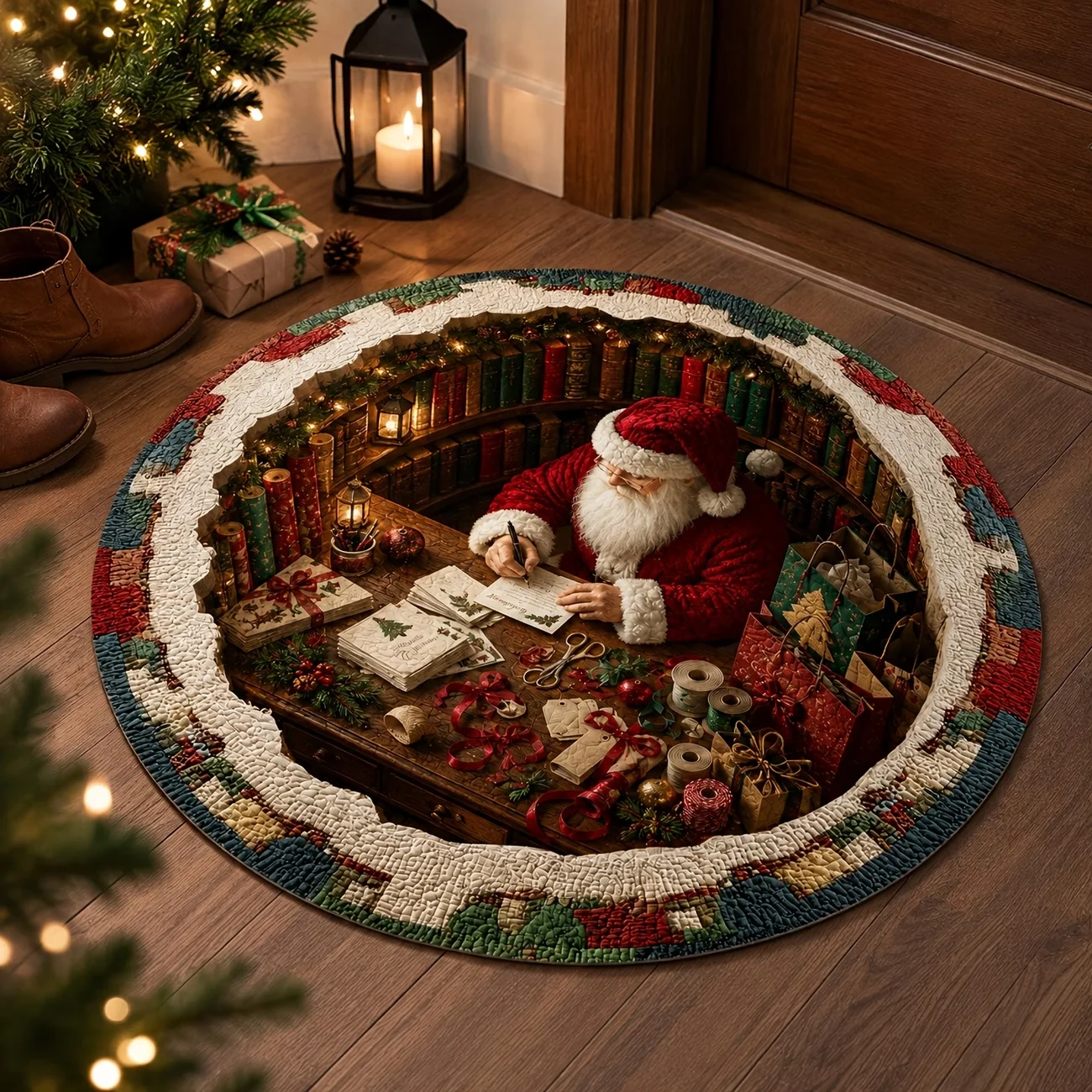 Writing Santa Claus Christmas Desk 3D Round Rug Patio Office Dining Room Home Decor Front Door Back Door Doormat Floor Mat
