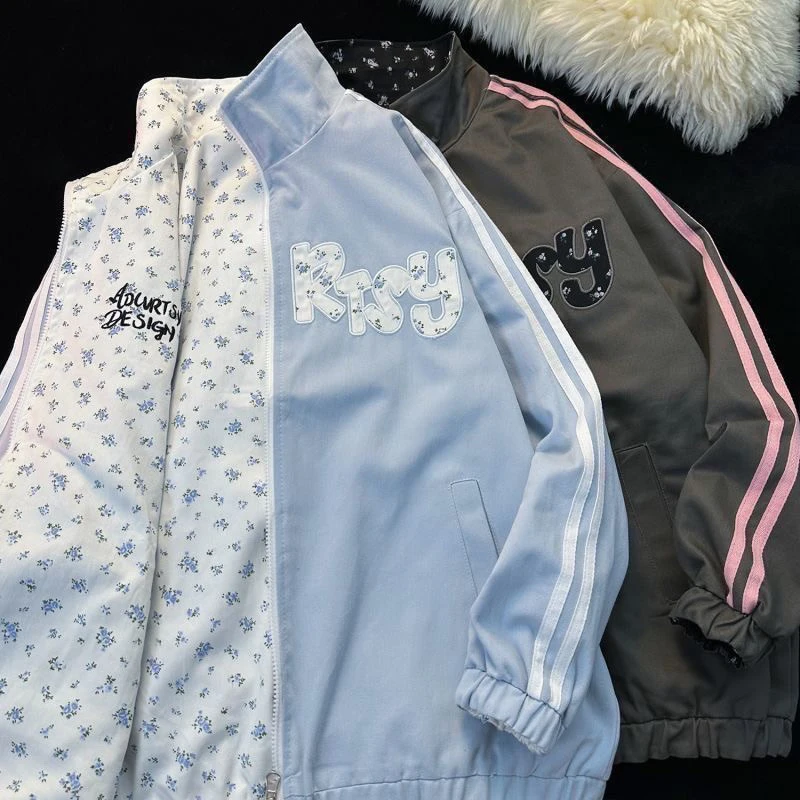 Retro Floral Women Reversible Jacket Side Stripe Stand Collar Zip Up Coat Letter Patch Loose Y2K Streetwear Cute Outerwear Top