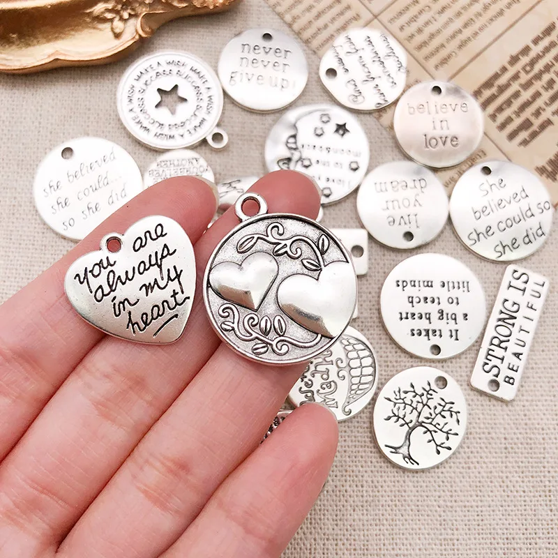 5-20Pcs Retro Silver Color Encourage Never Give Up English Words Charm For Jewelry Making DIY Necklace Earrings Pendant Findings