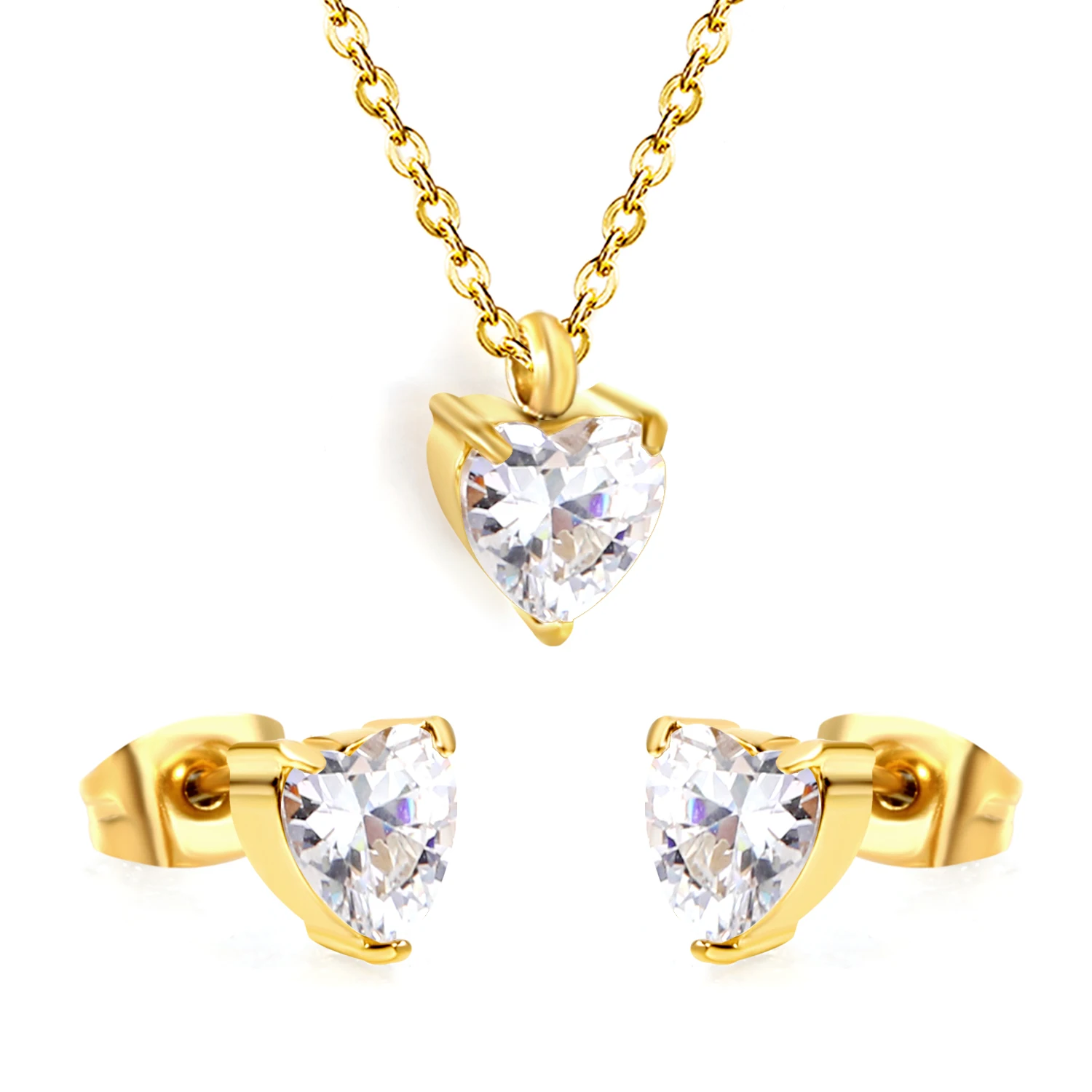 Heart White CZ Stud Earrings & Necklace Set