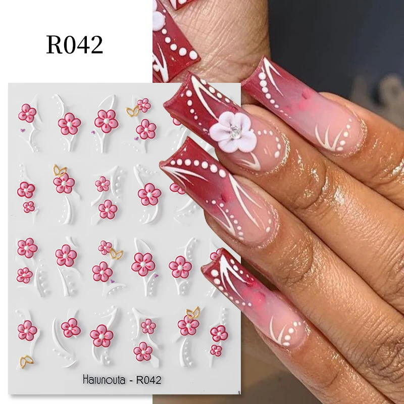 Harunouta Lace Flower Acrylic Embossed 5D Nail Stickers Jellycolor Floral Geometric Sliders Autumn Winter Adhesive Nail Decals