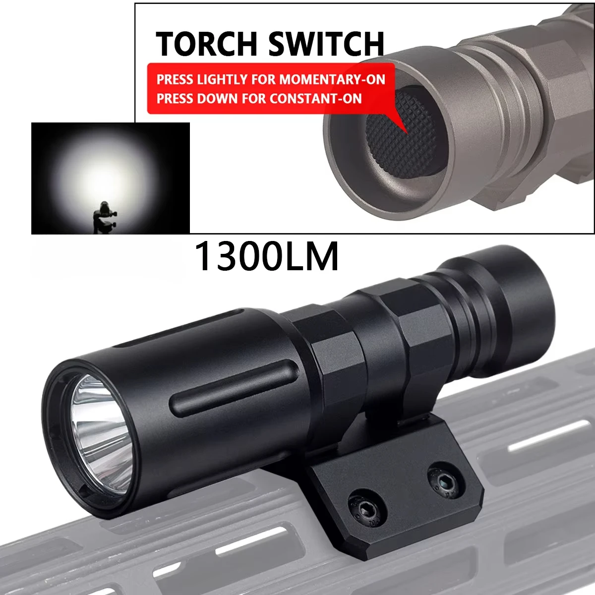 

Tactical Flashlight MOD 1300Lumen Pressure Remote Switch Metal Scout Weapon Light Picatinny Rail Hunting Airsoft