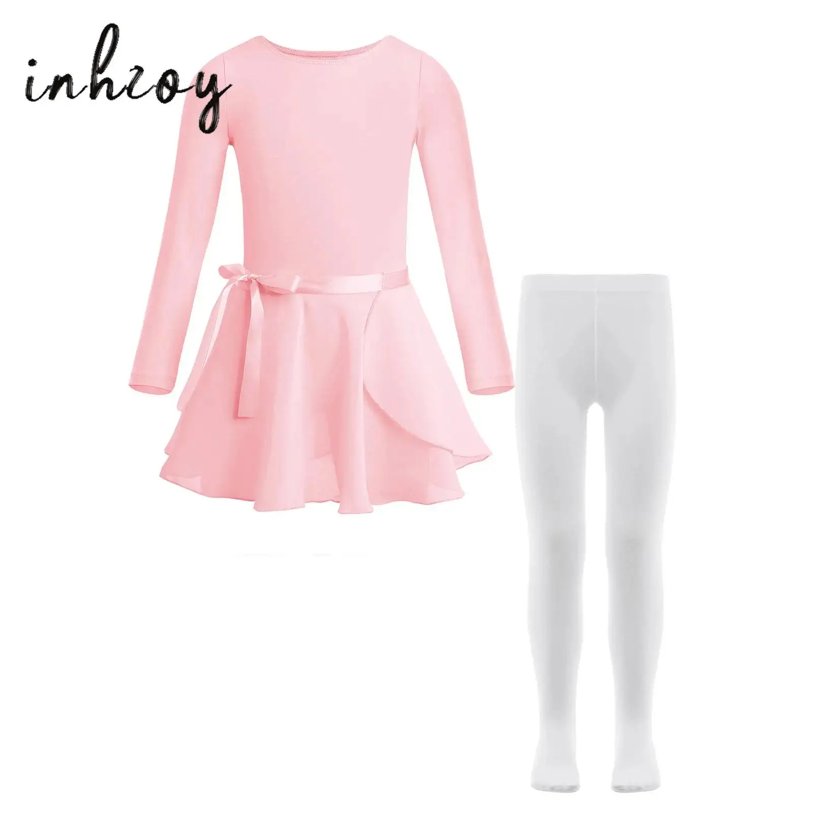 

Girls Ballet Dance Leotard Practice Outfits Long Sleeve Gymnastics Bodysuit+Tie Chiffon Skirt+Pantyhose Training Performance Set