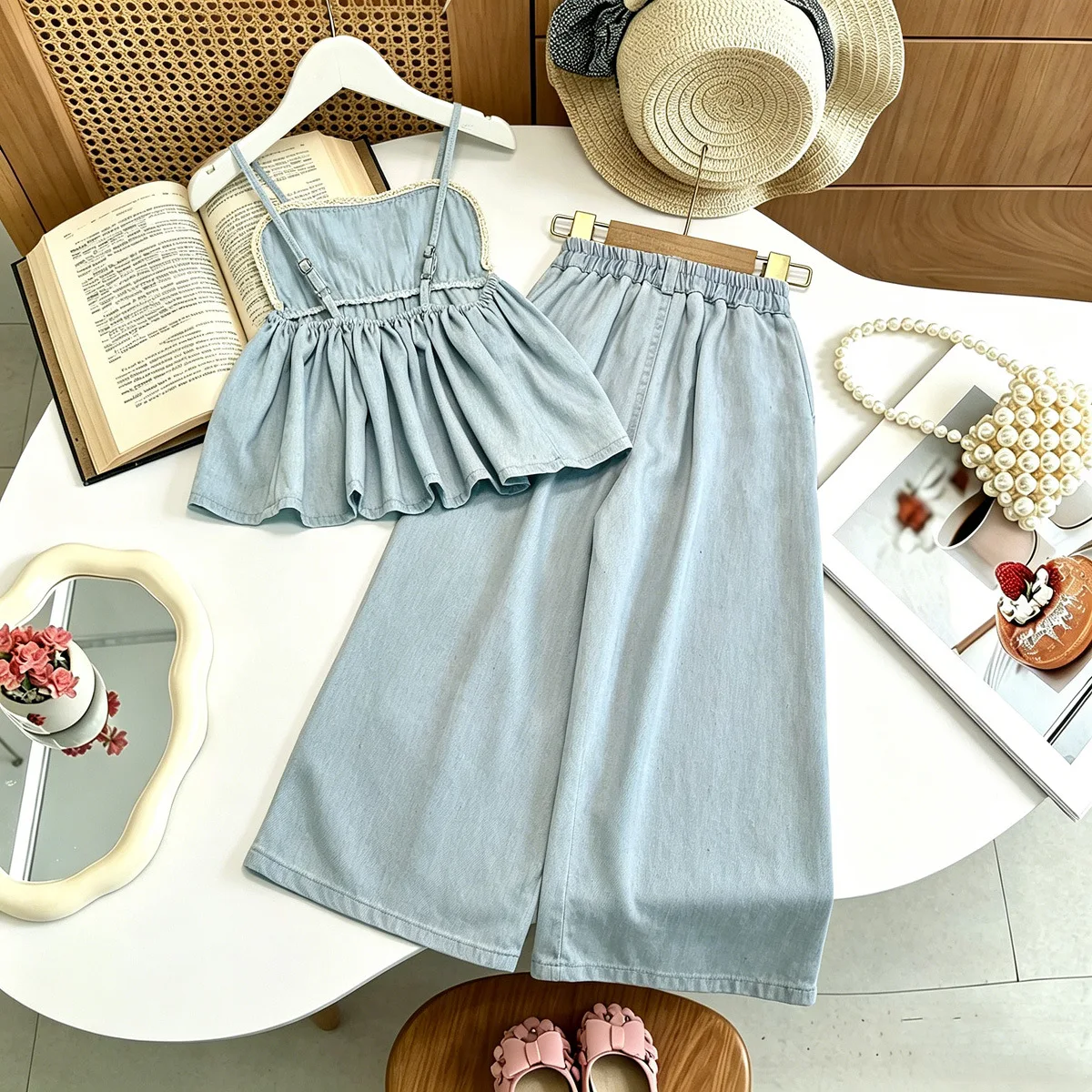 Summer Girls Set 2026 New Embroidered Floral Denim Strapless Vest Lace Wide Leg Pants Casual Two Piece Set