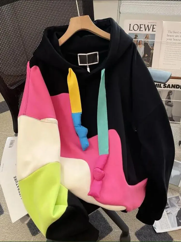 Chic Casual Hooded Sweatshirt Women's Outwear Autumn Winter New Fashion Loose Color Matching Warm Rainbow Sweatshirt Coat Tops