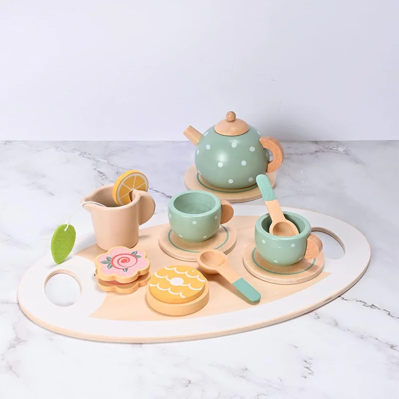 어린 소녀들을 위한 나무 차 세트, 소꿉놀이 주방 액세서리, 소녀와 소년을 위한 공주님 티타임 파티 음식 장난감