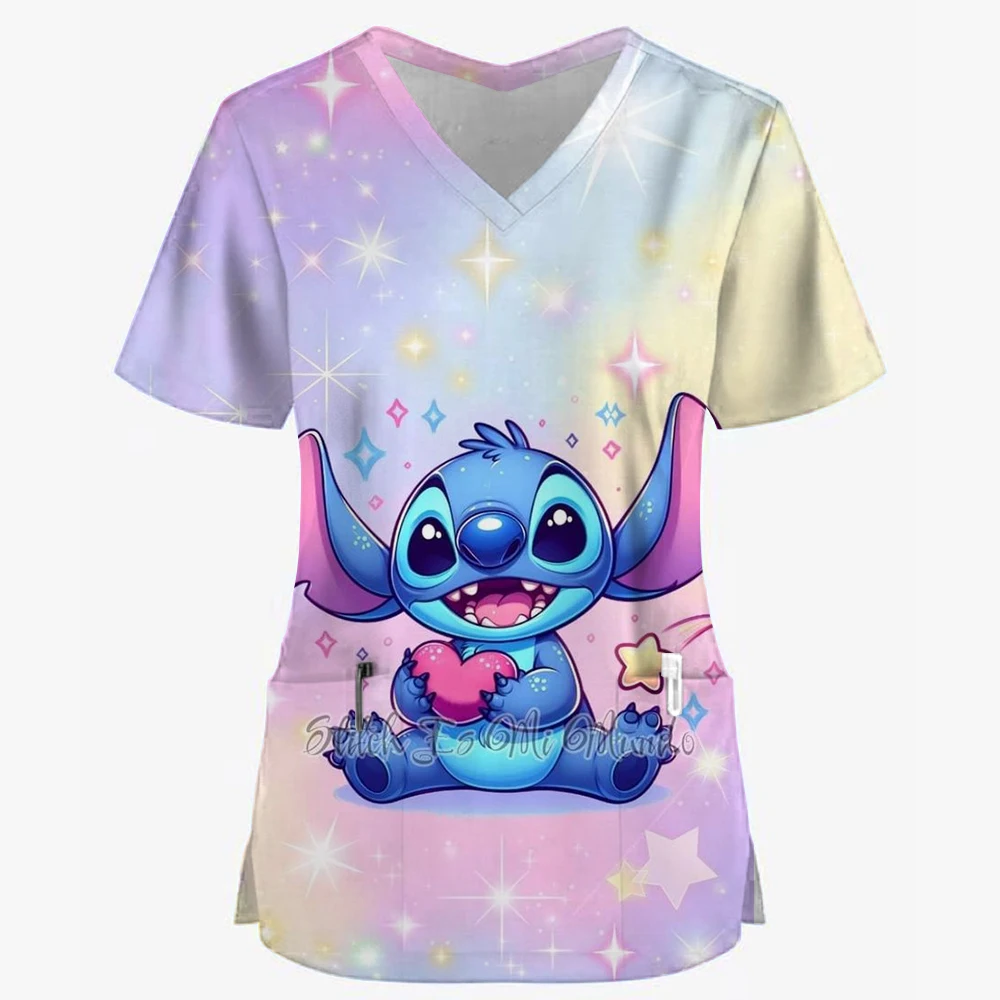 Women's Christmas short sleeved V-neck Disney Stitch printed top, laboratory nursing and health work clothes T-shirt with pocket