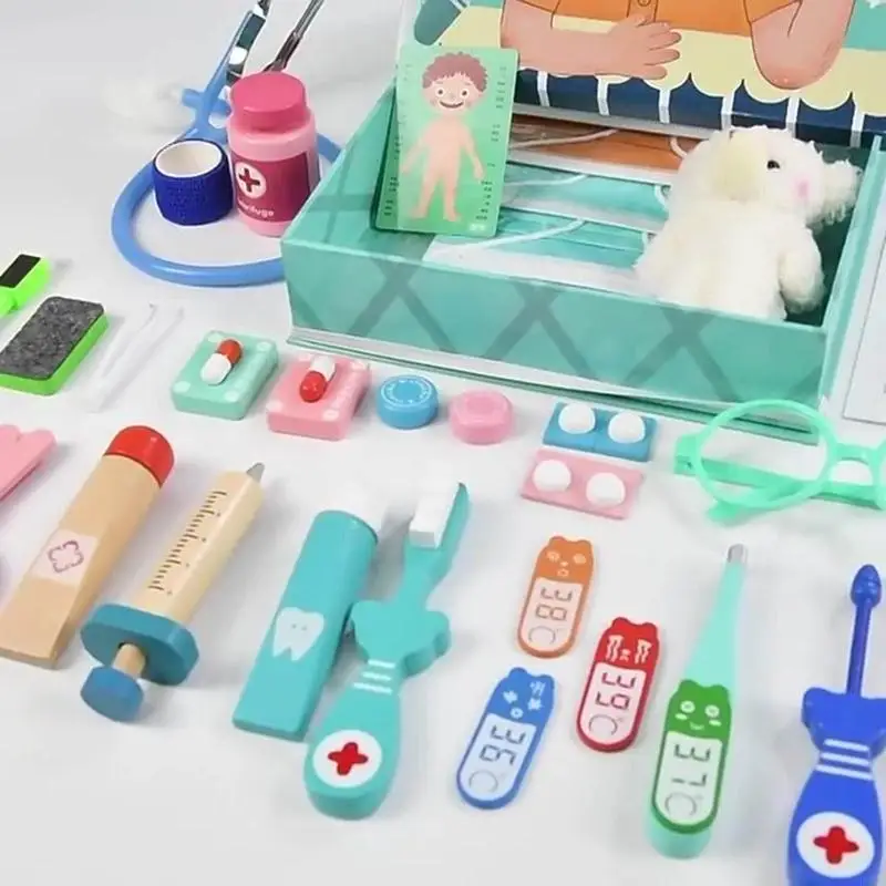 F62d Wooden Doctor for Kids Dentist Playset Toy Medical Fitend Role for Play Educational Imagination for Kids