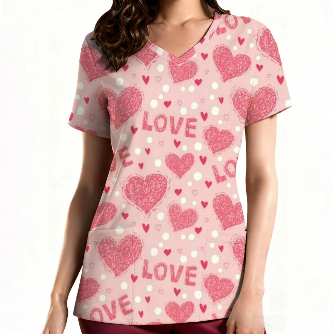 여성용 임상 유니폼 심플 러브 발렌타인 데이 테마 프린트 여성용 간호사 유니폼 루즈하고 편안한 캐주얼 일상 생활