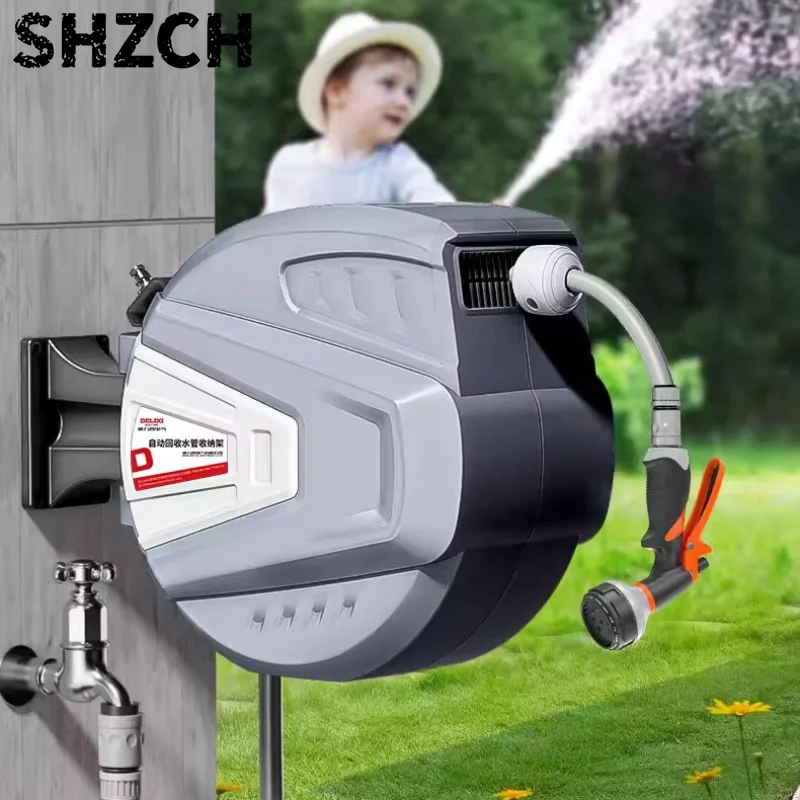 Wall Mounted Garden Hose Reel Self-Winding Water Hose Storage Retractable Garden Reel Space Saving Storage Rack for Watering
