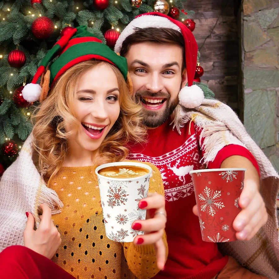 100Set Christmas Paper Cups with Lids 12oz Bulk Disposable Winter Red Snowflake Cups for Hot Chocolate Cold Drinks Ideal Holida
