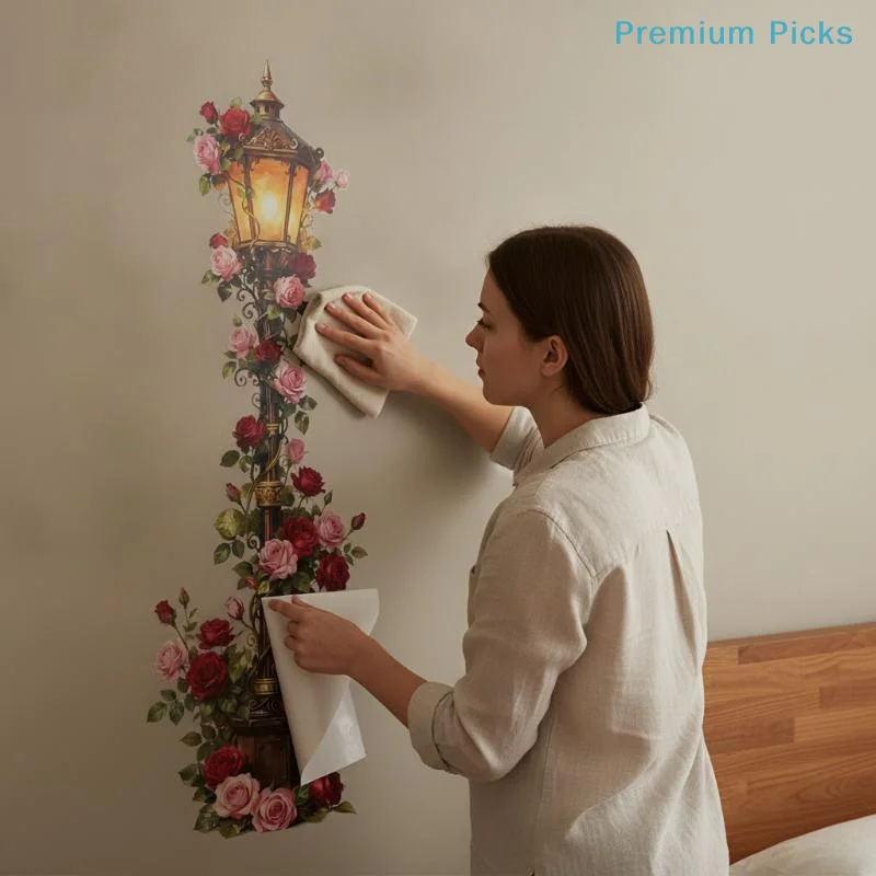 portableVintage Street Lamp Rose Wall Decal Eco-Friendly Material Realistic Floral Decor for Rental House Home Wall Decoration