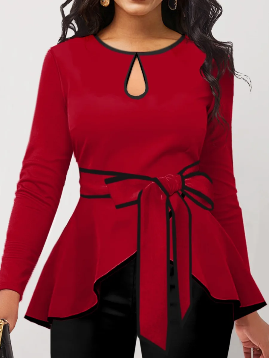 LW Elegant Bandage Design Cut Out T-shirt Waist Bow Tie Long Sleeve Round Neck Red Tees Women's Business Casual Fall Tops