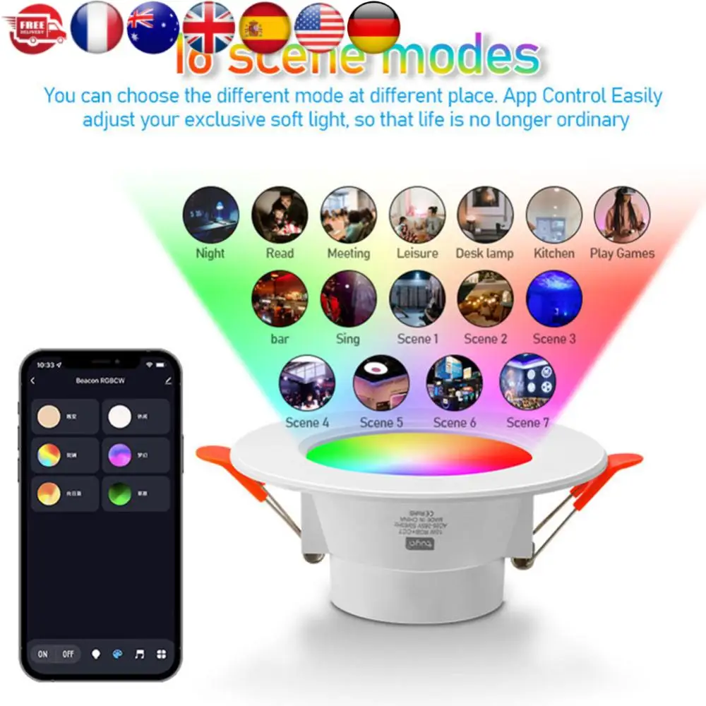 

10W RGB Smart Spotlight Bluetooth-Compatible Recessed Ceiling Lamp Dimmable Recessed Down Light for Living Room Bedroom Decor