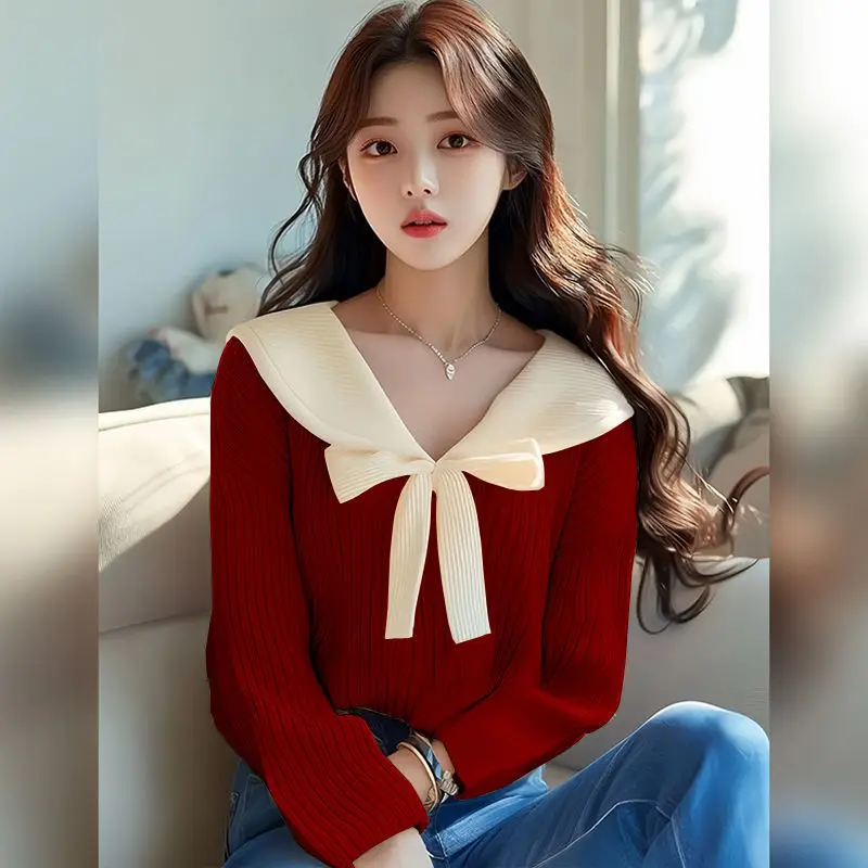 Sweet Turn-down Collar Bow Sweater Women Autumn Simplicity Loose Solid Color Knitwear Casual All-match Office Lady Knitwear Tops