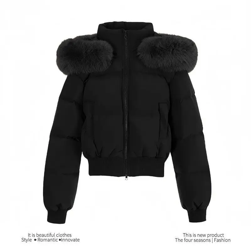 Black Fashionable Hooded Cotton Jacket Women's Small Size Autumn Winter New Style Warm Couple Short Fur Collar INS Coat
