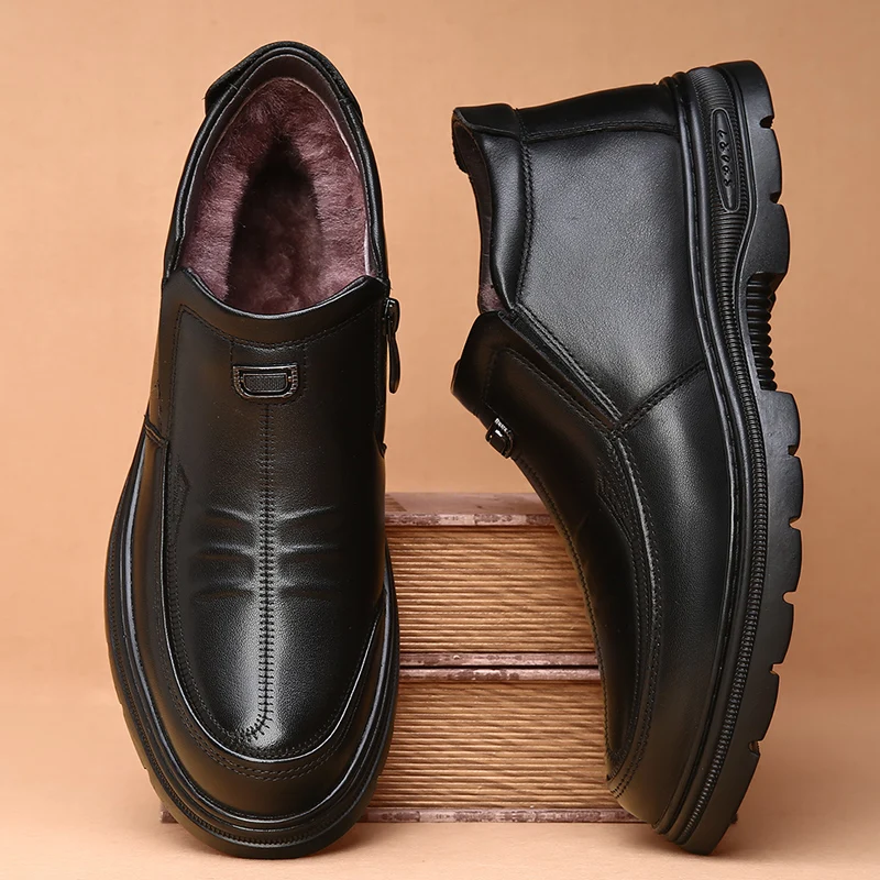 DIMANYU Men Short Boots Warm Fleece-lined Winter Men Snow Boots Genuine Leather High-top Casual Shoes For Middle-aged Older Dads