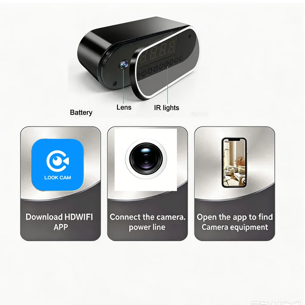 Clock‑Shaped WiFi Home Security hidden Camera, APP Remote View, Motion Detection Alarm, Turn‑offable Digital Display view 4