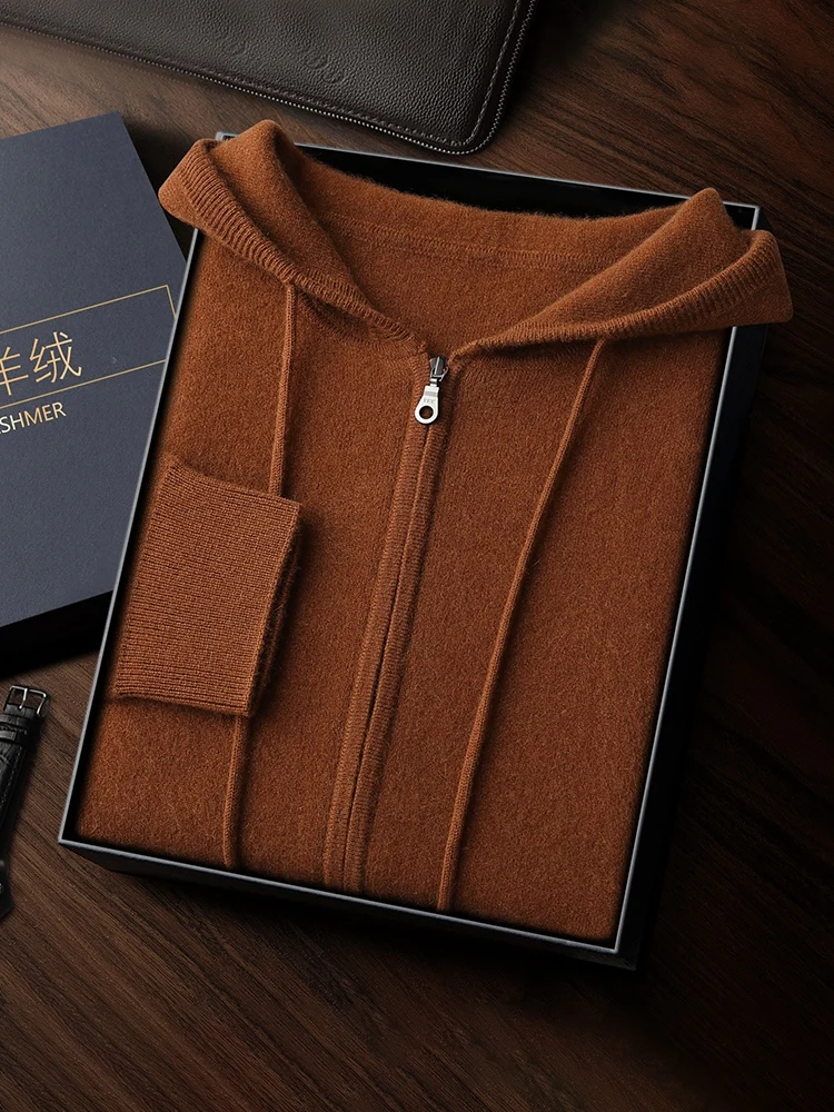 Autumn Winter New 100% Pure Cashmere Cardigan Sweater Men's Hooded Zipper Pocket Soild Smart Casual Knitted Jackets High Quality