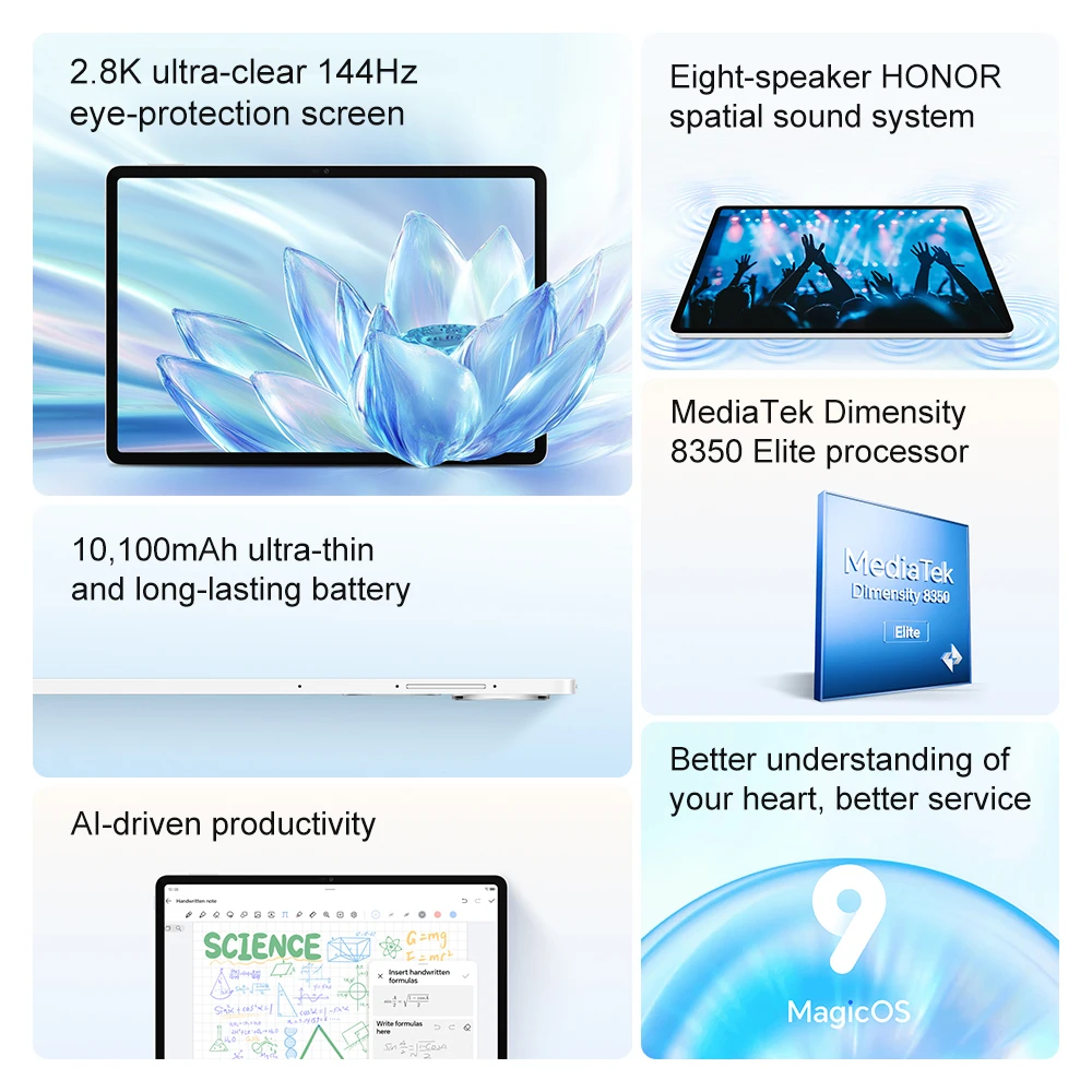 HONOR Pad V9 Global Version 11.5'' 2.8K 144Hz Eye Care Tablet Dimensity 8350 Elite 10100mAh Battery 66W FastCharging Android 15