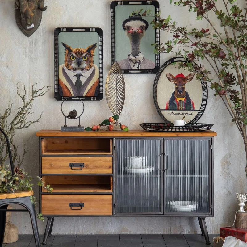 Loft Industrial Style Solid Wood Wrought Iron High-footed Side Cabinet American Retro Old Restaurant Coffee Shop Bar Dining Cabi