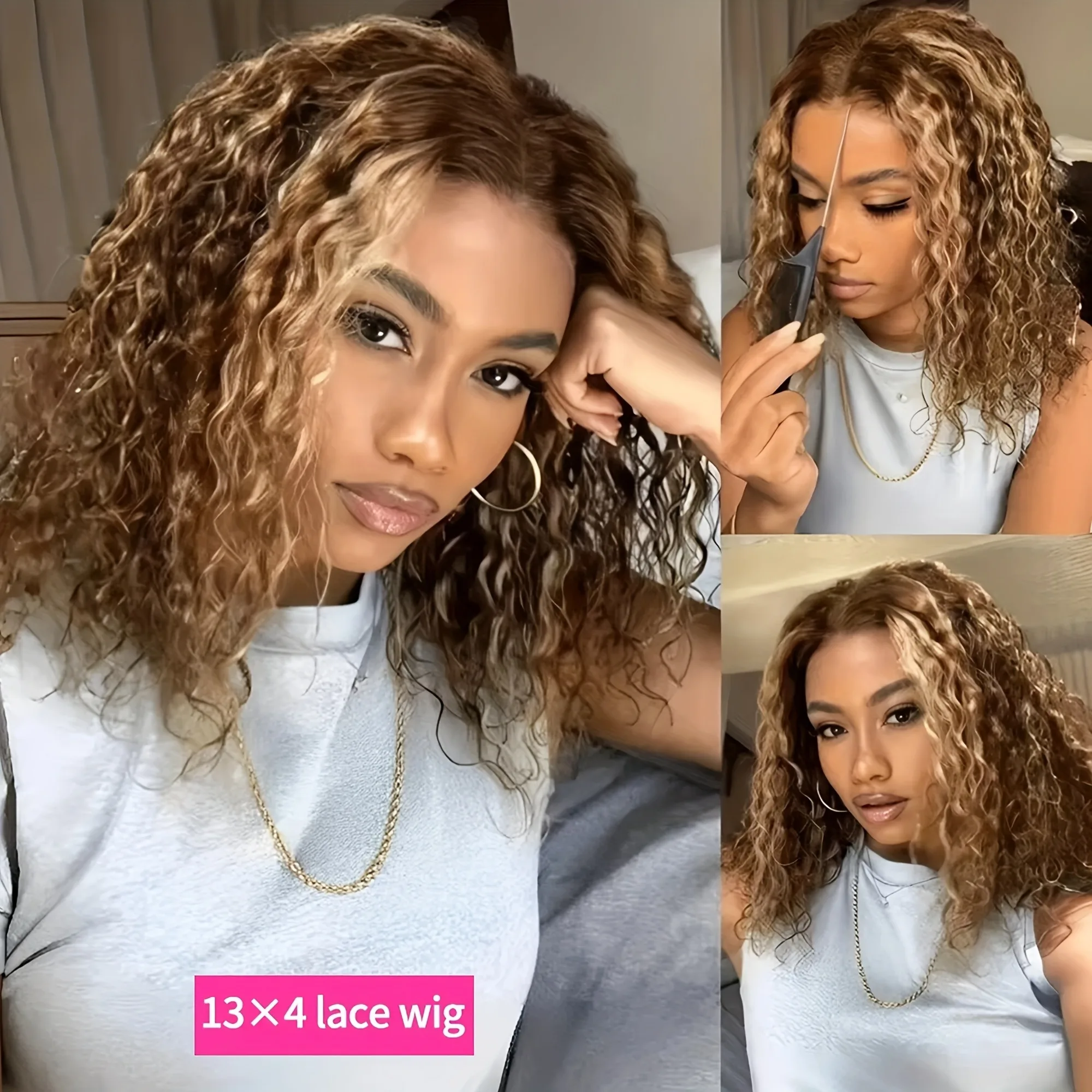 تسليط الضوء على ارتداء الأشقر والذهاب شعر مستعار بوب مجعد بدون صمغ شعر بشري تم قطعه مسبقًا، 4/27 موجة مائية بدون شعر مستعار غراء #4