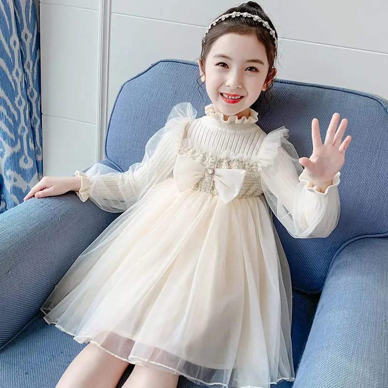 

Girls' Spring and Autumn Clothing Dress2024New Western Style Tulle Children's Princess Dress Long Sleeve Little Girl Skirt