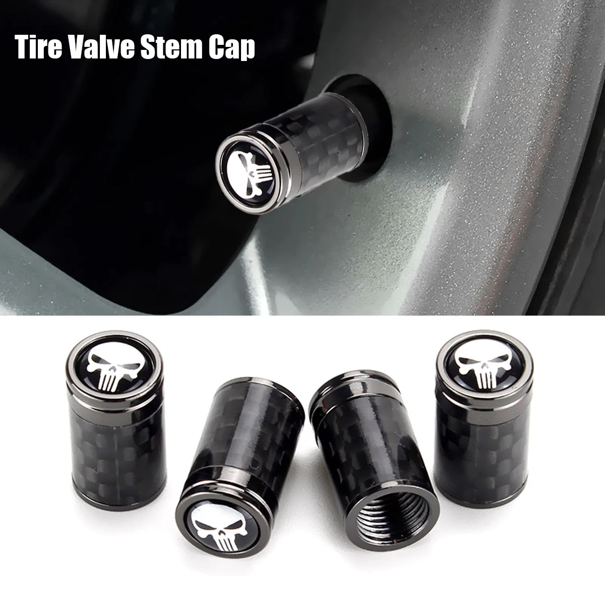 4PCS Carbon Fibre Pattern Skull Valve Stem Caps, Metal Car Air Stem Cap Cars SUV Trucks Bikes Motorcycles Bicycles Car Universal
