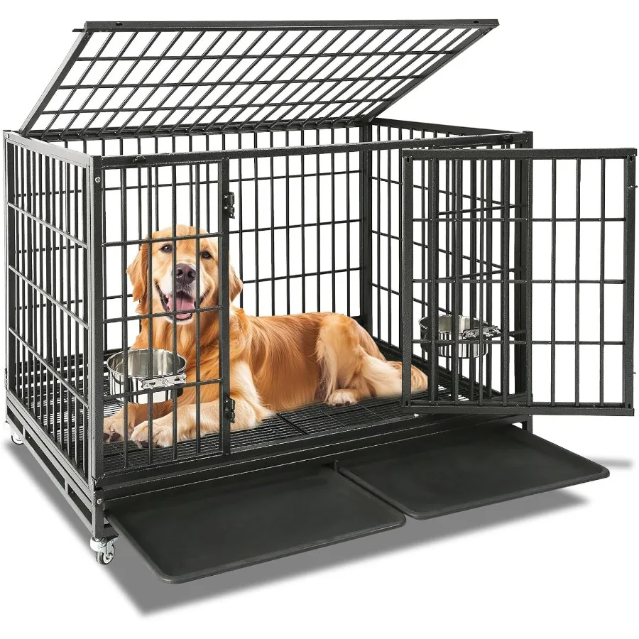 48 بوصة غير قابل للتدمير الثقيلة الكلب قفص باب مزدوج للكلاب سلالة كبيرة مثالية للحيوانات الأليفة عالية القلق الهروب برهان داخلي Ke