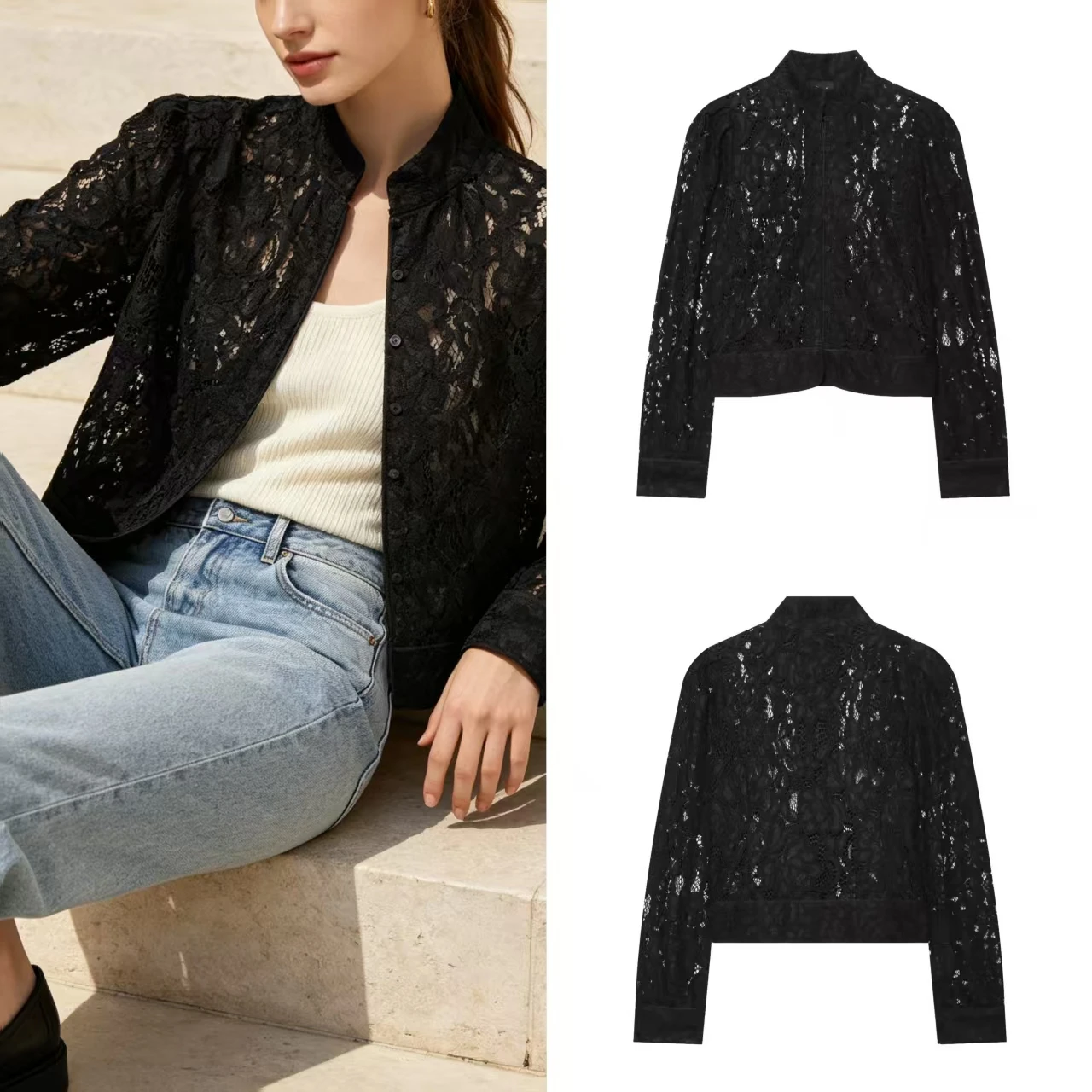 2026 New Early Autumn Women S Minimalist StyleLong Sleeve Round Neck Lace Suit Jacket Versatile Casual Short Coat Button Closure
