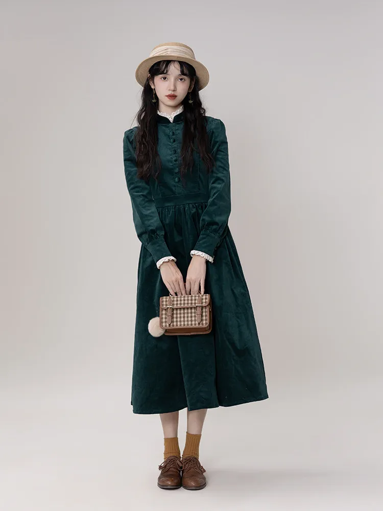 เดรสผ้าลูกฟูกสีน้ำเงินสำหรับผู้หญิง แขนยาว ความยาวกลางน่อง สไตล์วินเทจ เอวสูง คอตั้ง สีดำ ไซส์ S-L สำหรับฤดูใบไม้ร่วงและฤดูหนาว