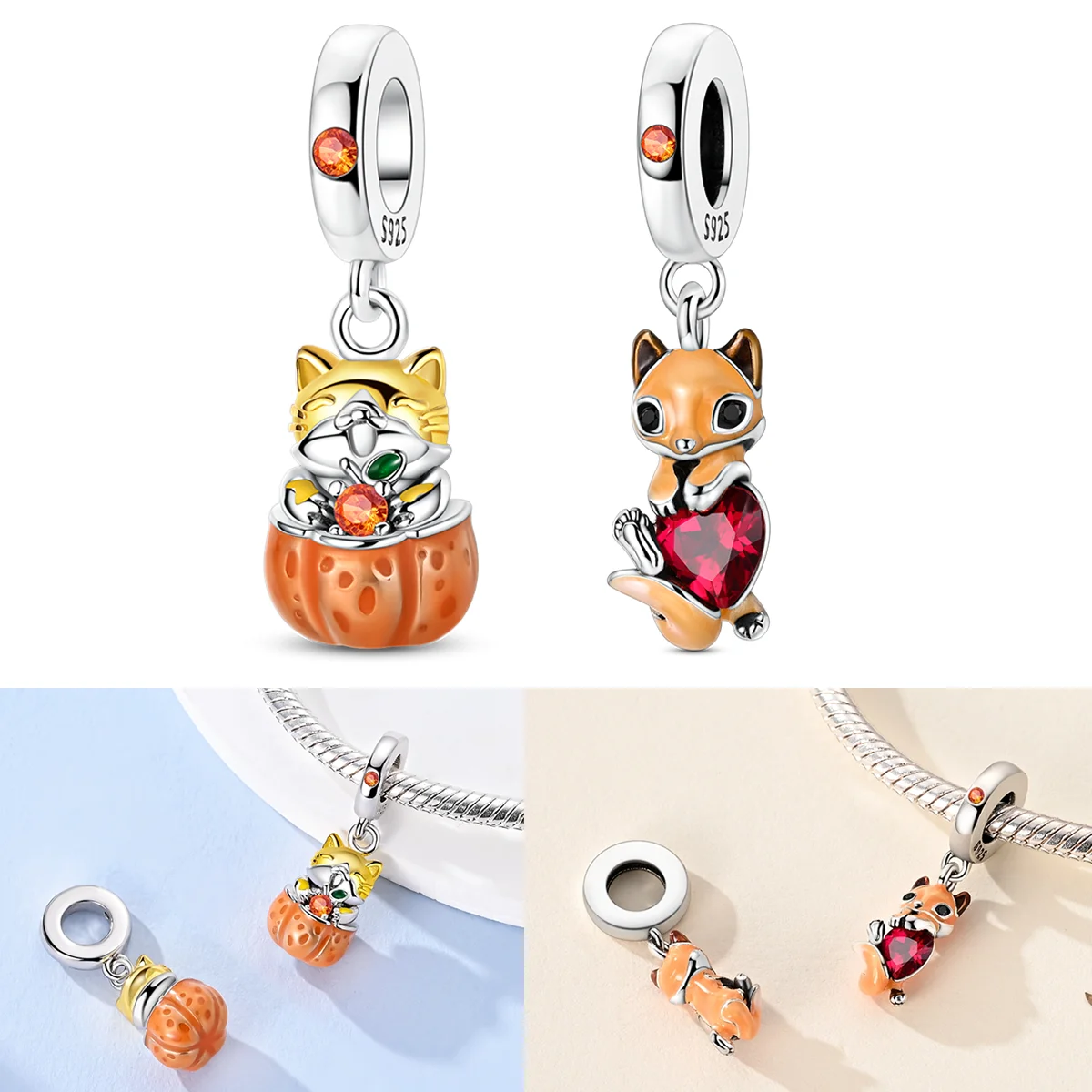 925 Sterling Silver Cat Hugs Orange Charms Bead CZ Zircon Fox Hugs Heart Dangle Fit Original Bracelet DIY Women Jewelry Gift