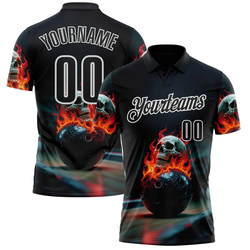 Trendy Skull Pattern Bowling Polo Shirts For Men Custom Name Team Name Number 3D Printed Polo Shirt Trendy Oversized Lapel Tops