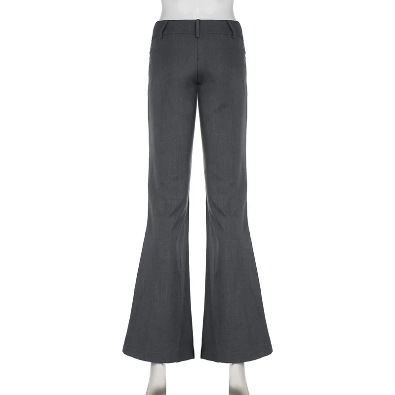 Lucyever Grey Low Waisted Flared Pants Female Y2K High Street Retro Wide Leg Trousers Fashion Slim Pocket Office Lady Suit Pants