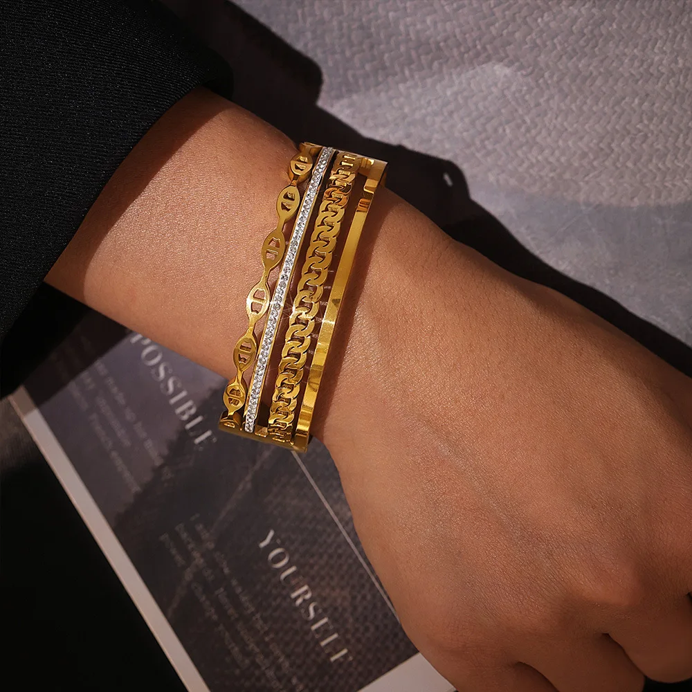 Trendy Stainless Steel Bracelet for Women Plated Gold Waterproof Luxury CZ Bangle Fashion Charm Jewelry Gift Wholesale
