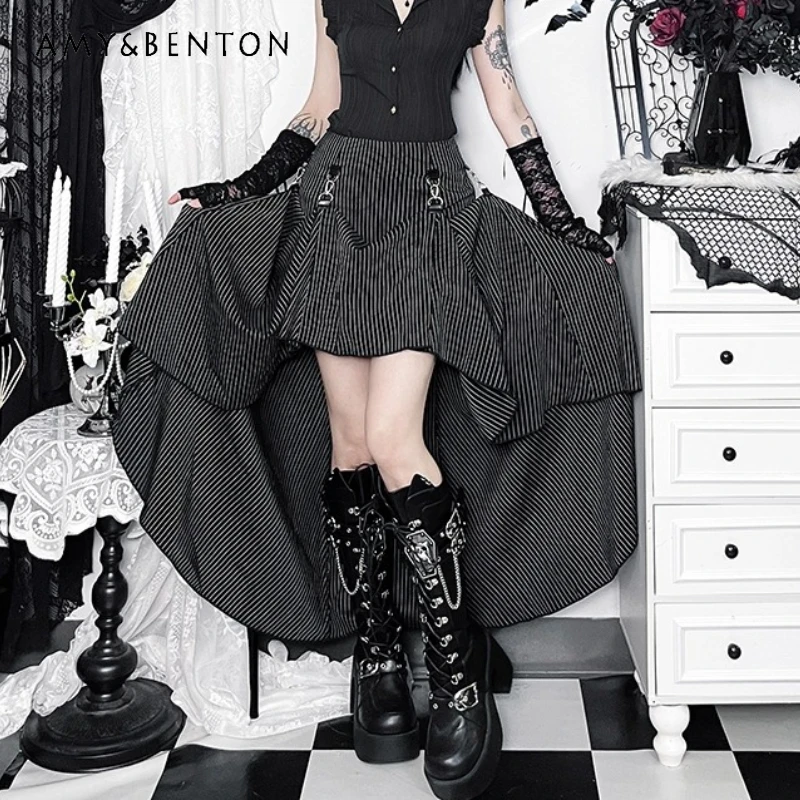 

Punk Dark Gothic Women's Long Dress 2025 Autumn New Sweet Cool Sexy Stripe Splicing Lace-up Subculture Hot Girl Skirts Ladies