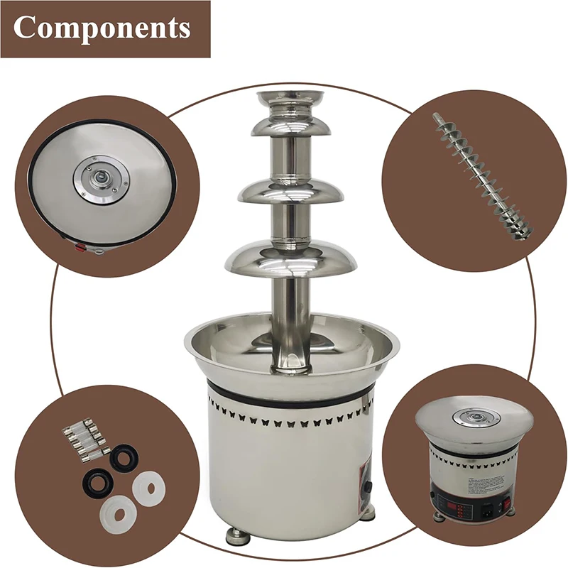 เครื่องทำน้ำพุช็อกโกแลตแบบ 4 ชั้น 110V สแตนเลสสตีล พร้อมระบบทำความร้อนไฟฟ้า สำหรับงานวันเกิด