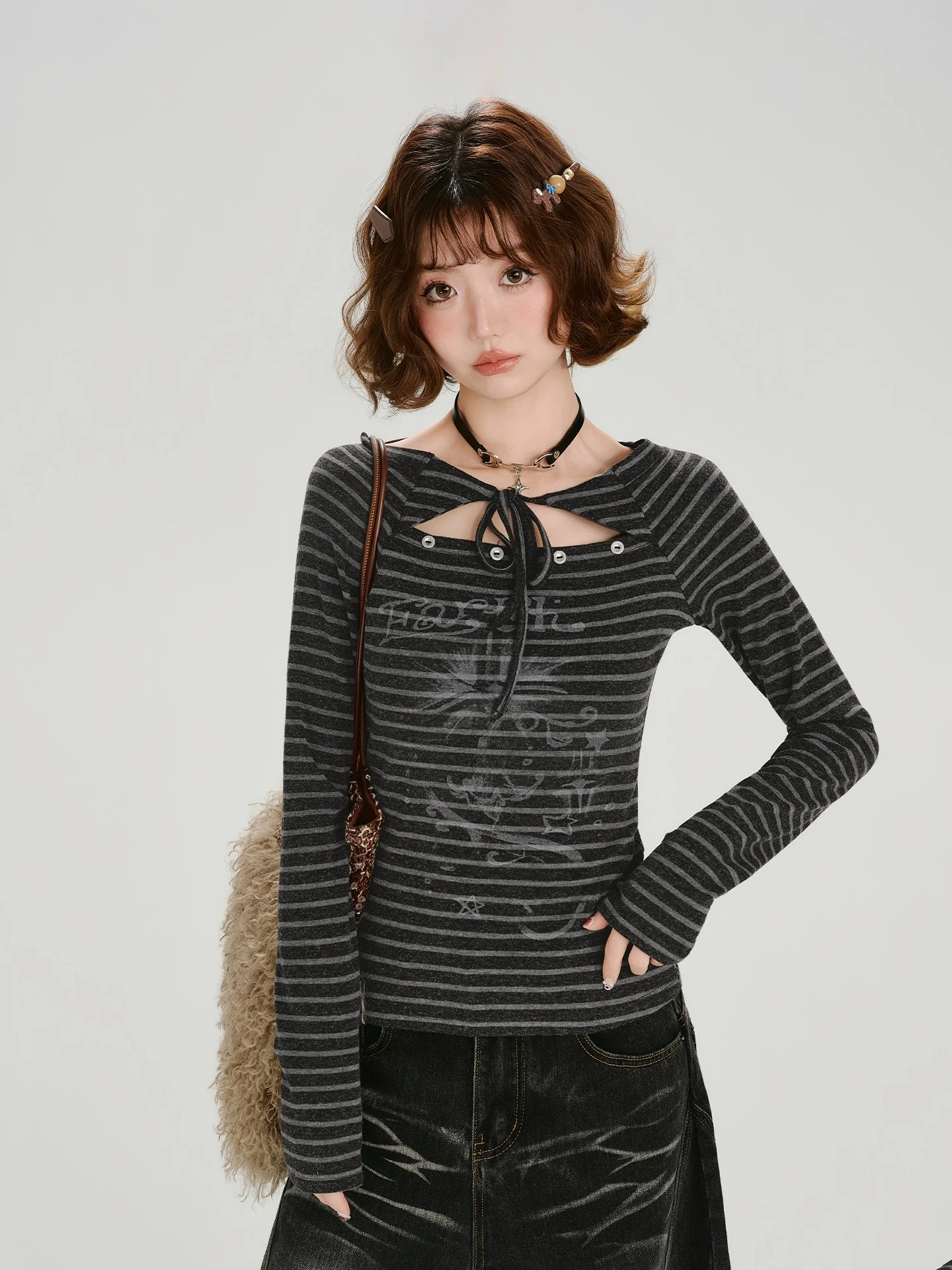 

Girly American Retro Striped Print Long Sve T-irt Women's Spring New Hollow out Design Slim Fit Top Casual Sle