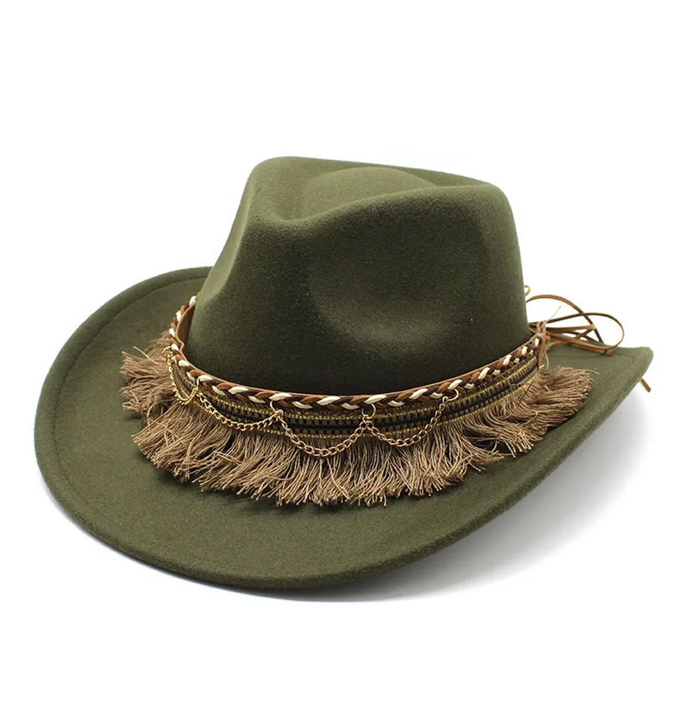 Cowboy Hat For Women And Men Tassels Jazz Cap Woolen 57-58cm Ethnic Style Curved Brim High Quality Cowgirl NZ0062