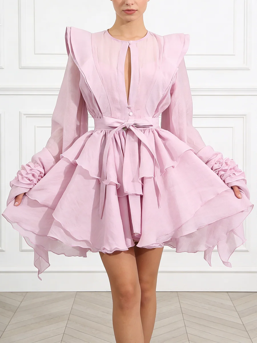 Sexy Patchwork Hollow Out Puff Dress for Women Round Neck Lantern Sleeve High Waist Spliced Lace Up Solid Dresses Female New