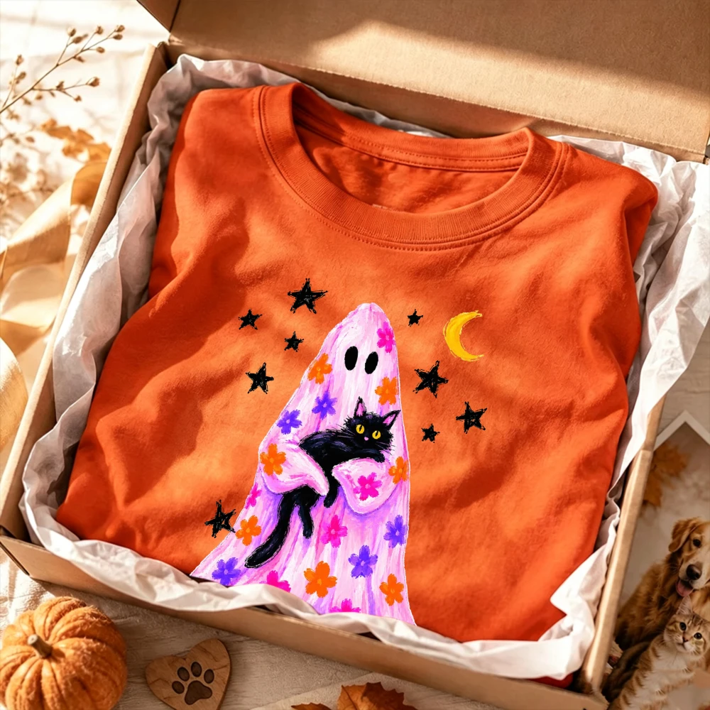Pink Floral Ghost Holding Black Cat Moon Graphic Women Men Casual Short Sleeve T-Shirt Cute Halloween Spooky Cozy Fall Blouse