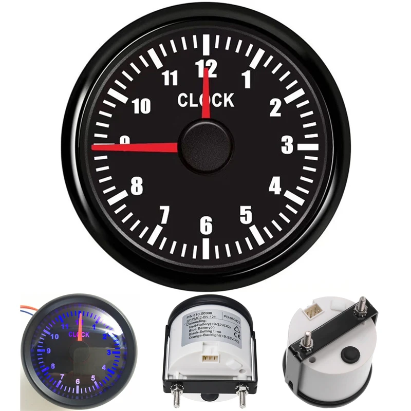 52mm Auto Clock Gauges 0-12Hours Clock Meters Marine Waterproof Hour Meters Blue Backlight 9-32v for Car Boat Motorcycle Vessel