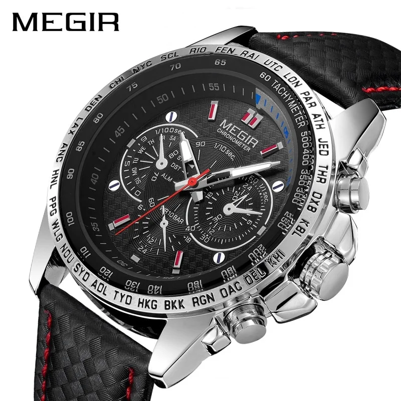 

Megir Top Brand Sport Mens Watches Luxury Quartz Men Watch Fashion Casual Black Pu Strap Clock Big Dial Erkek Saat 1010