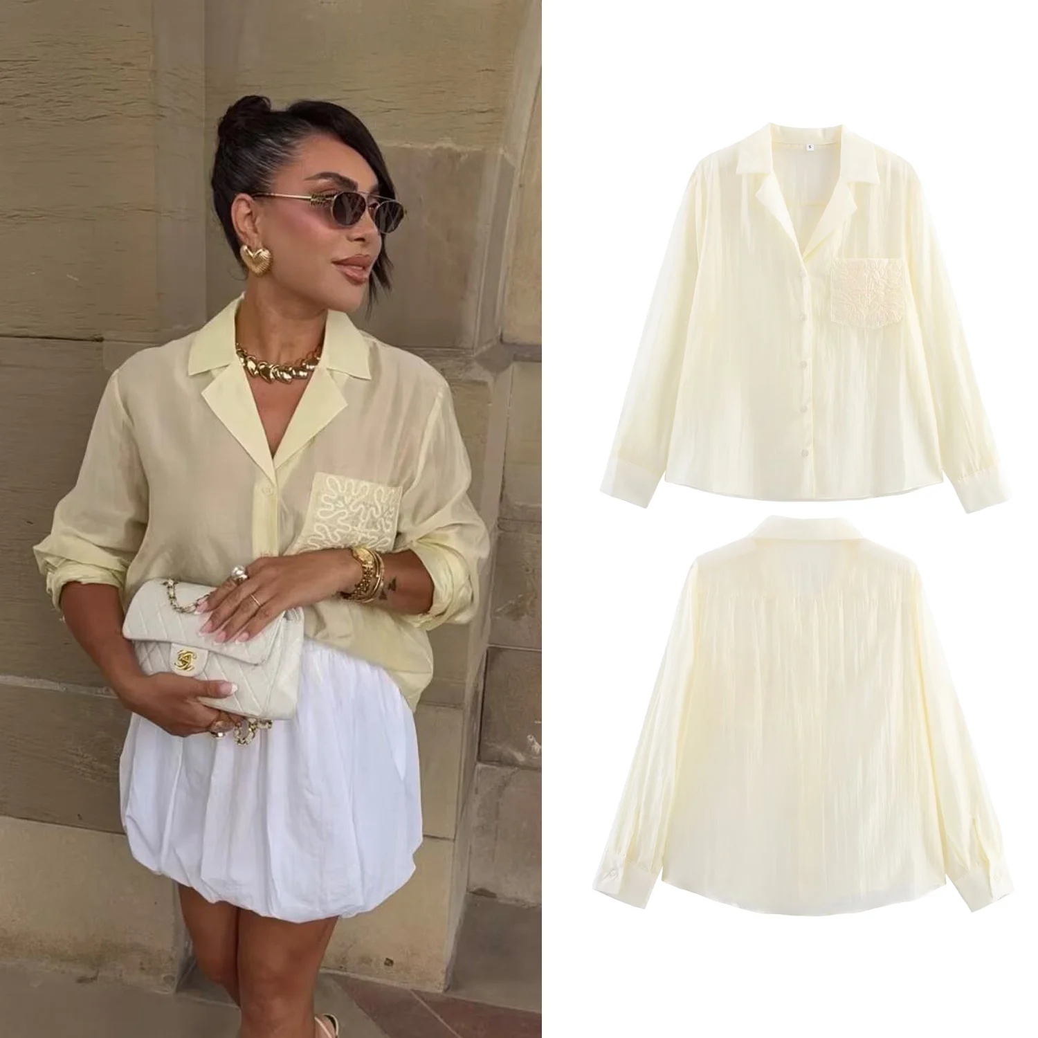 여성 캐주얼 셔츠 가을 패션 자수 포켓 셔츠 턴다운 칼라 긴팔 셔츠 빈티지 여성 블라우스 탑