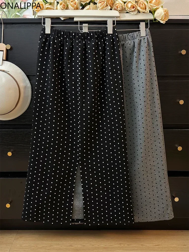 

Onalippa Chic Design Contrast Dot Skirt Elastic High Waist A Line All Match Mid-length Skirts Korean Casual Split Women Clothing