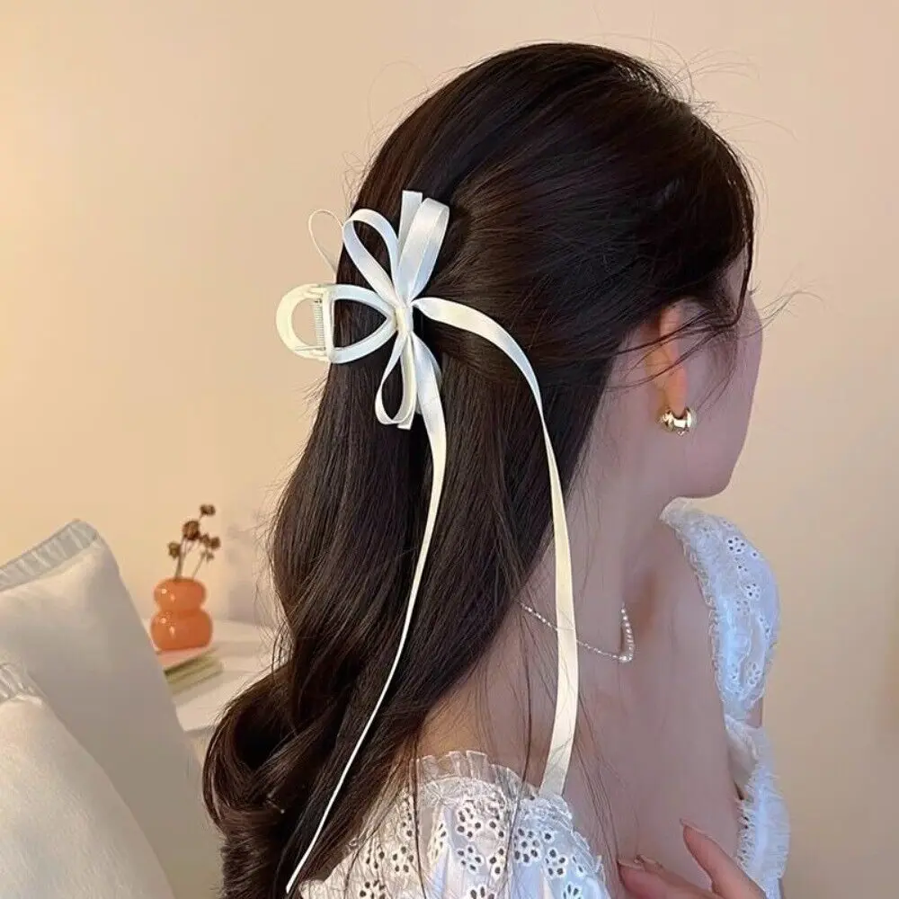 Bow Long Ribbon Hair Claw Clips Elegant Hairpin Women Girl Princess Headdress Fashion Grab Clip Korean Hair Accessories Headwear