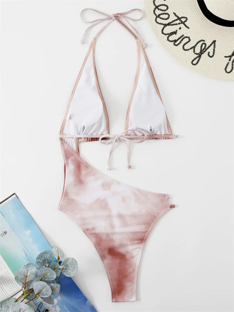 One Piece Women Hollow Out Swimwear 2024 New Tie Dye Swimsuit Sexy Thong Monokini Bodysuit Bathing Suit Female Summer Beachwear