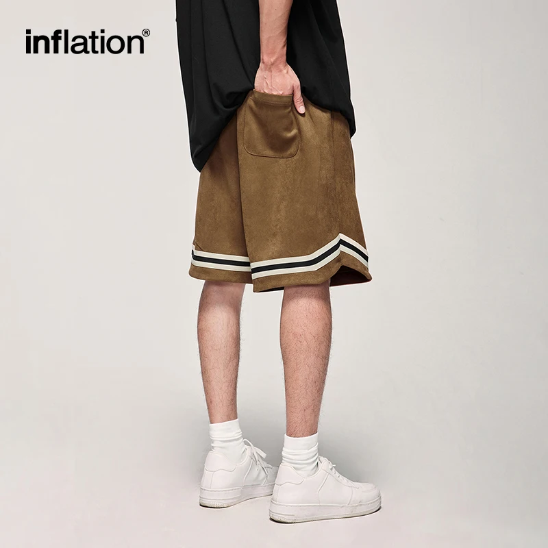 INFLATION Brown Basketball Shorts Men Casual Elastic Waist Faux Suede Sports Shorts