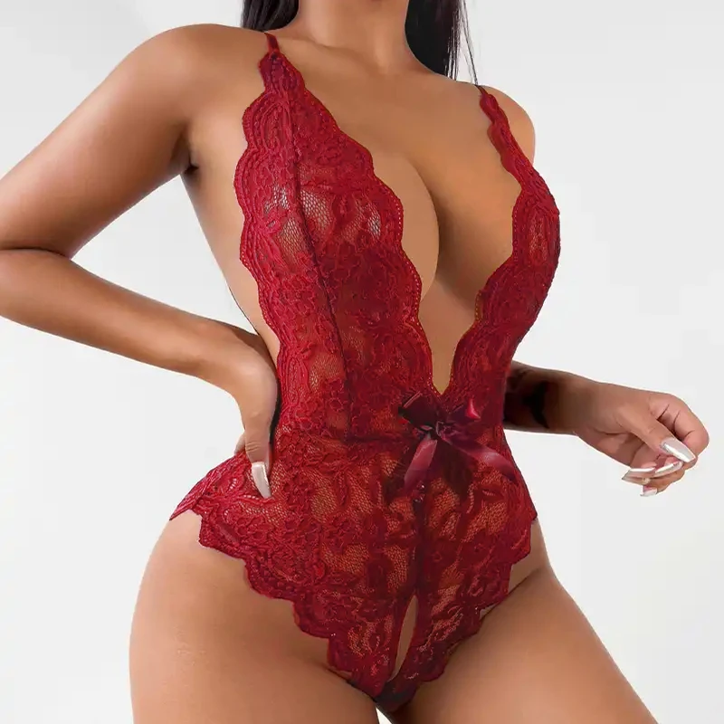 Sexy Crotchless Lingeries For Women Lace Hollow out Bodysuit Erotic Costumes Deep V Open Bra Teddy Babydoll Dress Porn Underwear