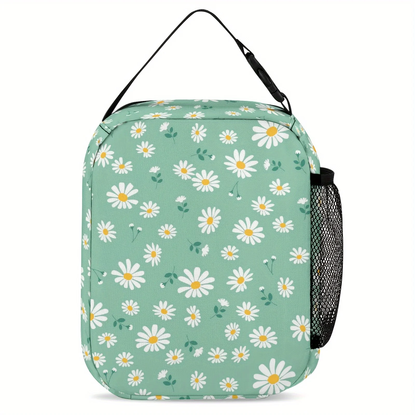 1pc Portable Insulated Lunch Bag, Daisy Pattern Fresh Style Double Zipper Easy-to-Clean Fabric For Outdoor Camping Picnic Insula